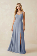 Cami Strap A - Line Chiffon Bridesmaid Dress with Slit in Twilight - KissProm Bridesmaid Dresses