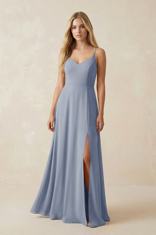 Cami Strap A - Line Chiffon Bridesmaid Dress with Slit in Twilight - KissProm Bridesmaid Dresses