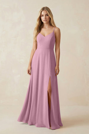 Cami Strap A-Line Chiffon Bridesmaid Dress with Slit in Vintage Mauve - KissProm BRIDESMAID DRESSES