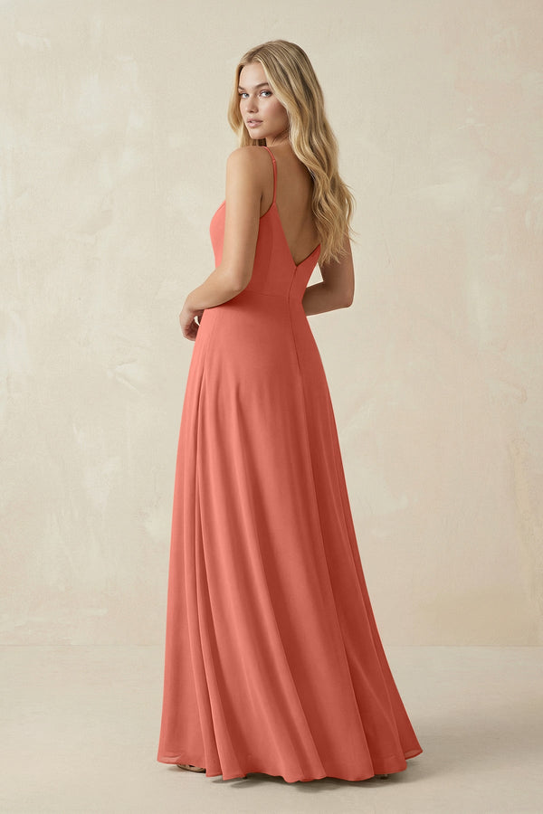 Cami Strap A-Line Chiffon Bridesmaid Dress with Slit in Wild Rose - KissProm BRIDESMAID DRESSES