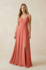 Cami Strap A-Line Chiffon Bridesmaid Dress with Slit in Wild Rose - KissProm BRIDESMAID DRESSES