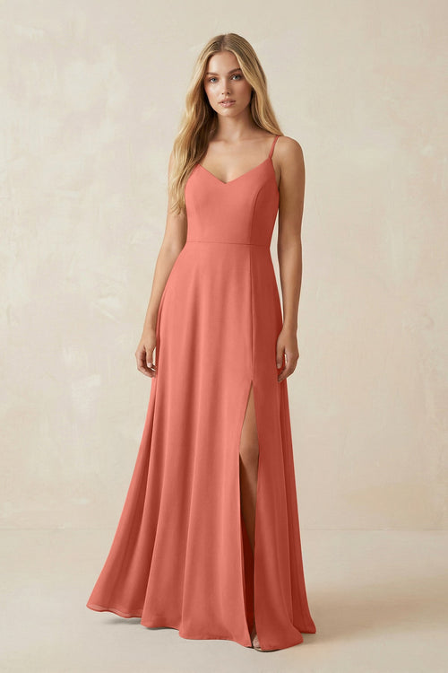 Cami Strap A-Line Chiffon Bridesmaid Dress with Slit in Wild Rose - KissProm BRIDESMAID DRESSES