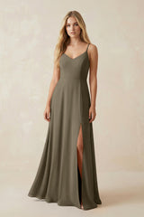 Cami Strap A-Line Chiffon Bridesmaid Dress with Slit in Willow Green - KissProm BRIDESMAID DRESSES