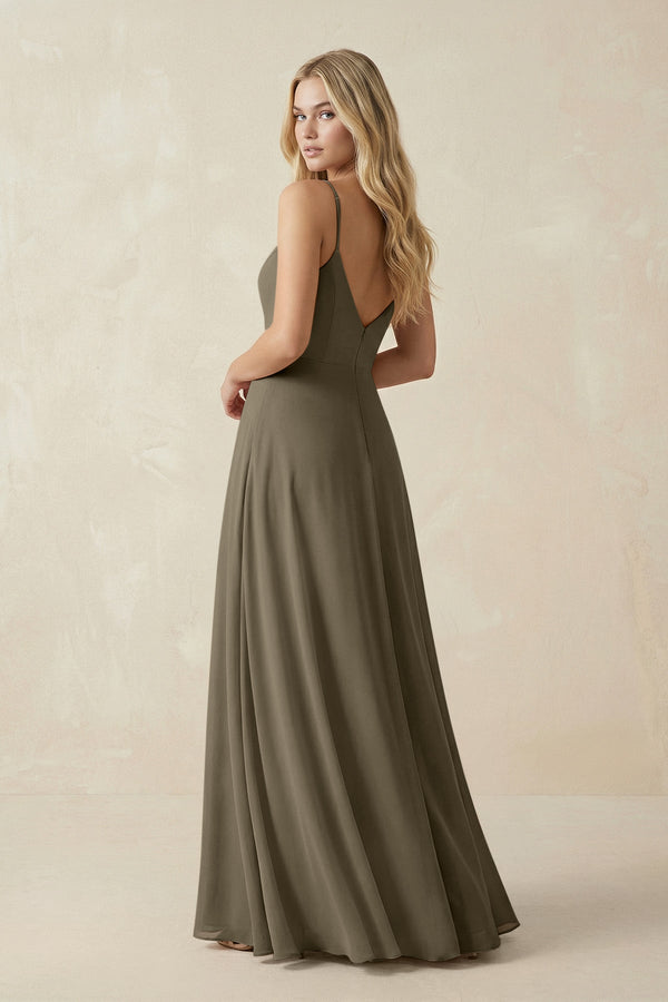Cami Strap A-Line Chiffon Bridesmaid Dress with Slit in Willow Green - KissProm BRIDESMAID DRESSES