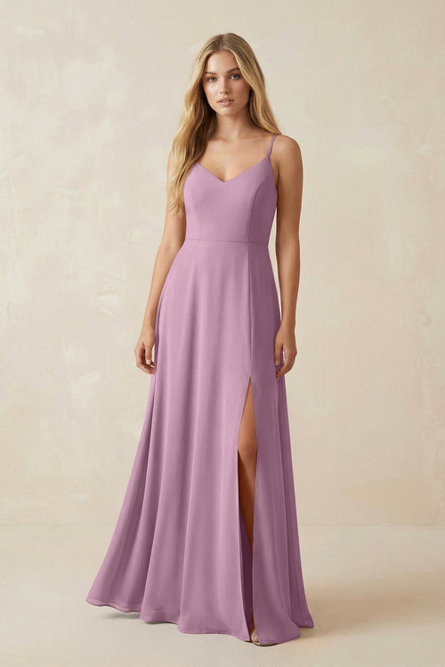 Cami Strap A-Line Chiffon Bridesmaid Dress with Slit in Wisteria - KissProm BRIDESMAID DRESSES