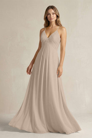 Cami Strap A - Line Chiffon Pleated Bridesmaid Dress in Almond - KissProm Bridesmaid Dresses