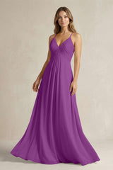 Cami Strap A - Line Chiffon Pleated Bridesmaid Dress in Amethyst - KissProm Bridesmaid Dresses