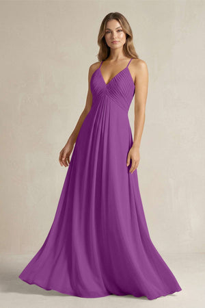 Cami Strap A - Line Chiffon Pleated Bridesmaid Dress in Amethyst - KissProm Bridesmaid Dresses