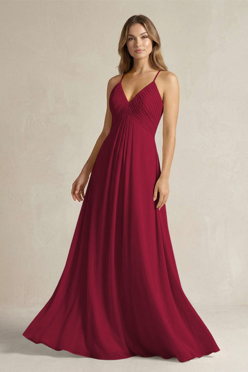 Cami Strap A - Line Chiffon Pleated Bridesmaid Dress in Berry - KissProm Bridesmaid Dresses
