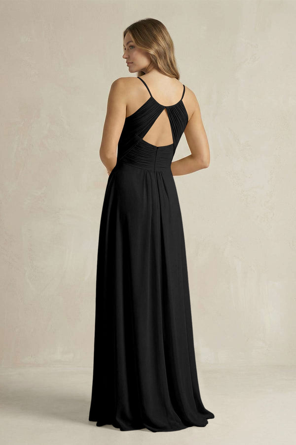 Cami Strap A - Line Chiffon Pleated Bridesmaid Dress in Black - KissProm Bridesmaid Dresses