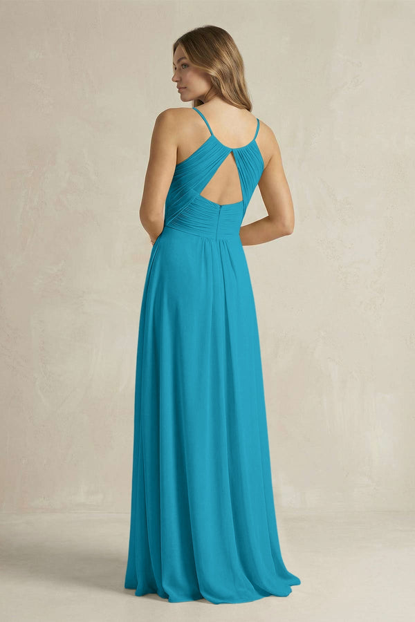 Cami Strap A - Line Chiffon Pleated Bridesmaid Dress in Blue Jay - KissProm Bridesmaid Dresses