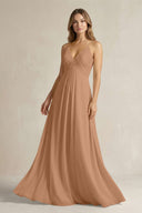 Cami Strap A - Line Chiffon Pleated Bridesmaid Dress in Bronzer - KissProm Bridesmaid Dresses