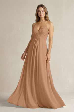 Cami Strap A - Line Chiffon Pleated Bridesmaid Dress in Bronzer - KissProm Bridesmaid Dresses