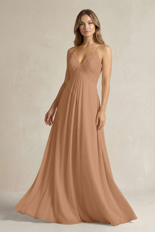 Cami Strap A - Line Chiffon Pleated Bridesmaid Dress in Bronzer - KissProm Bridesmaid Dresses