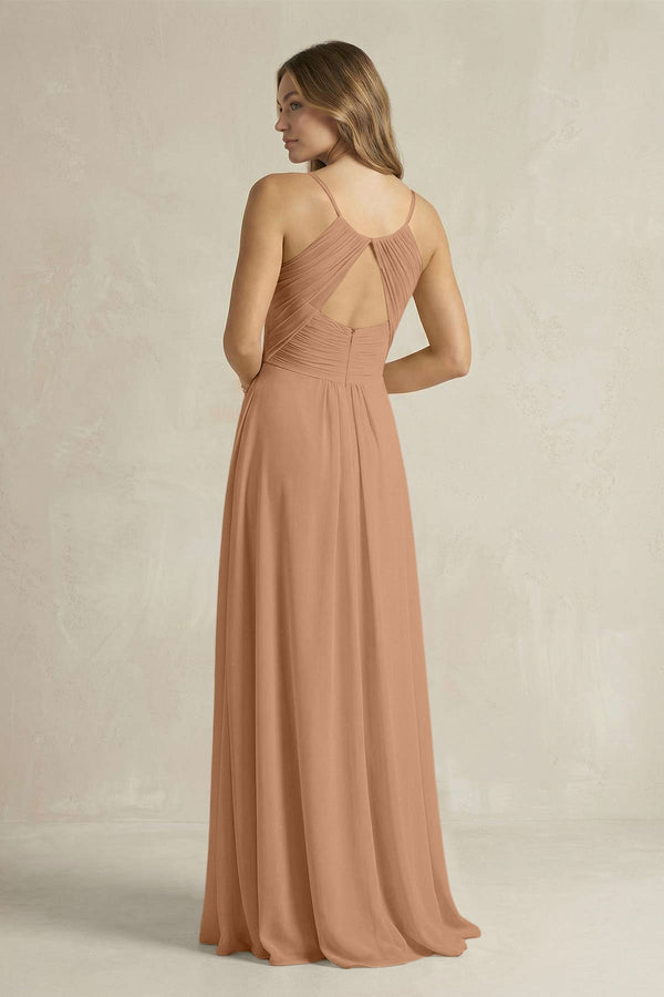 Cami Strap A - Line Chiffon Pleated Bridesmaid Dress in Bronzer - KissProm Bridesmaid Dresses