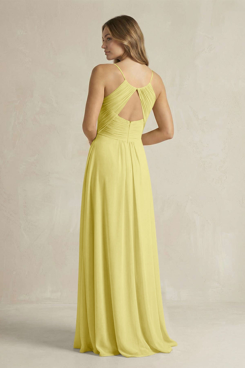 Cami Strap A - Line Chiffon Pleated Bridesmaid Dress in Buttercup - KissProm Bridesmaid Dresses