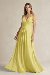 Cami Strap A - Line Chiffon Pleated Bridesmaid Dress in Buttercup - KissProm Bridesmaid Dresses
