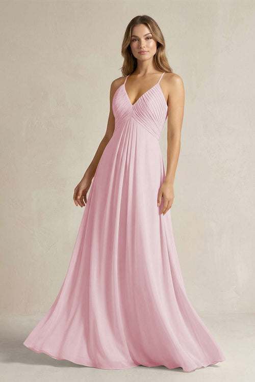 Cami Strap A - Line Chiffon Pleated Bridesmaid Dress in Candy Pink - KissProm Bridesmaid Dresses
