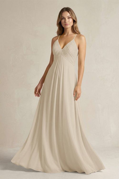 Cami Strap A - Line Chiffon Pleated Bridesmaid Dress in Champagne - KissProm Bridesmaid Dresses