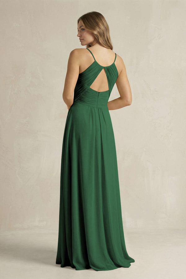 Cami Strap A - Line Chiffon Pleated Bridesmaid Dress in Dark Green - KissProm Bridesmaid Dresses