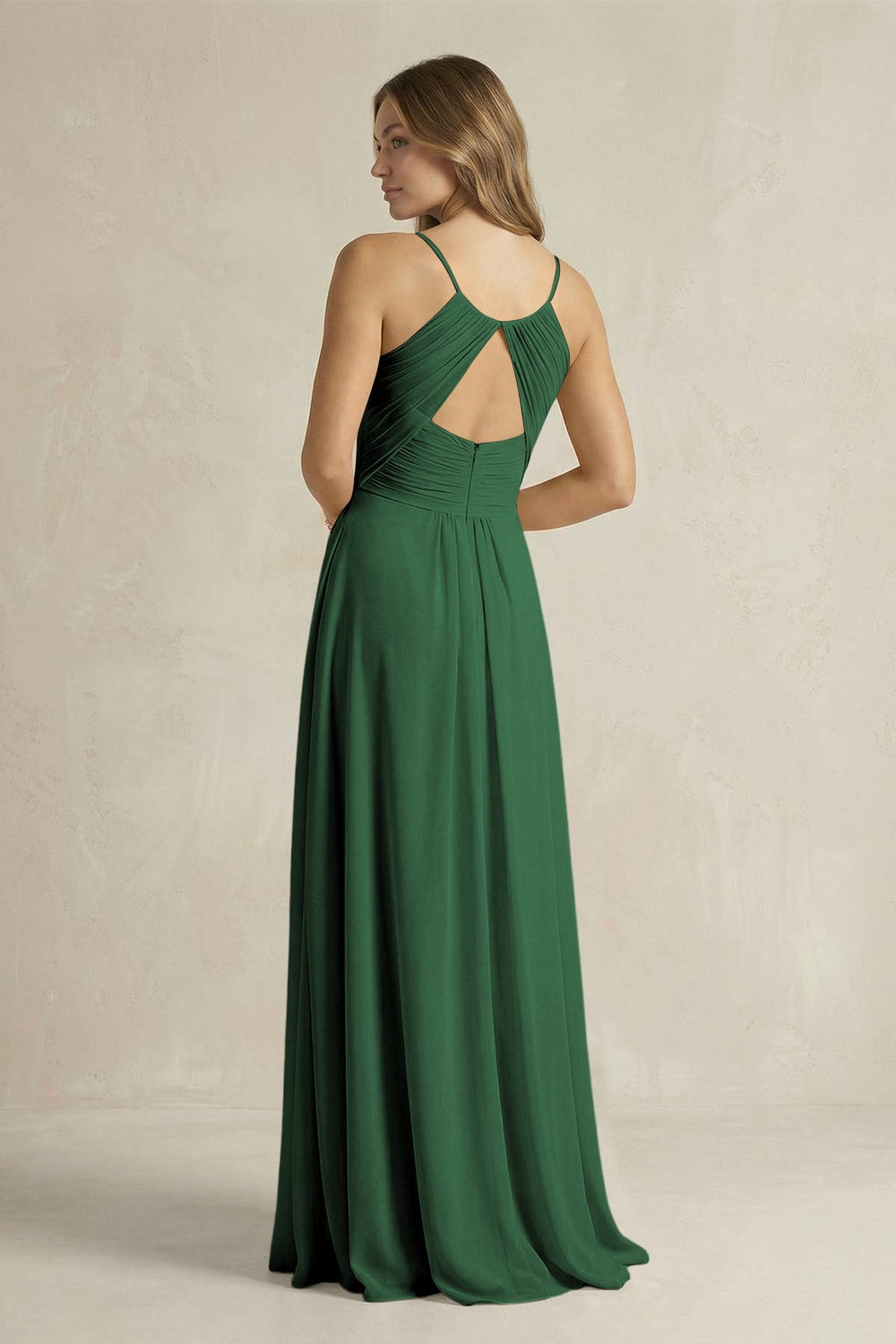 Cami Strap A - Line Chiffon Pleated Bridesmaid Dress in Dark Green - KissProm Bridesmaid Dresses