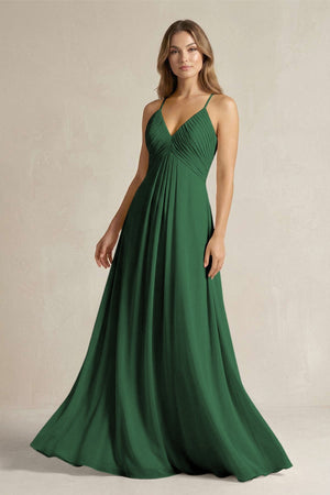 Cami Strap A - Line Chiffon Pleated Bridesmaid Dress in Dark Green - KissProm Bridesmaid Dresses