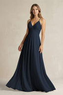 Cami Strap A - Line Chiffon Pleated Bridesmaid Dress in Dark Navy - KissProm Bridesmaid Dresses