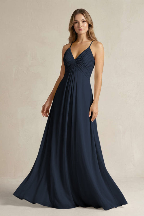 Cami Strap A - Line Chiffon Pleated Bridesmaid Dress in Dark Navy - KissProm Bridesmaid Dresses