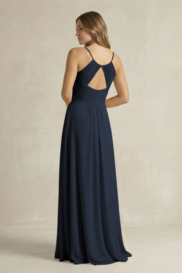 Cami Strap A - Line Chiffon Pleated Bridesmaid Dress in Dark Navy - KissProm Bridesmaid Dresses