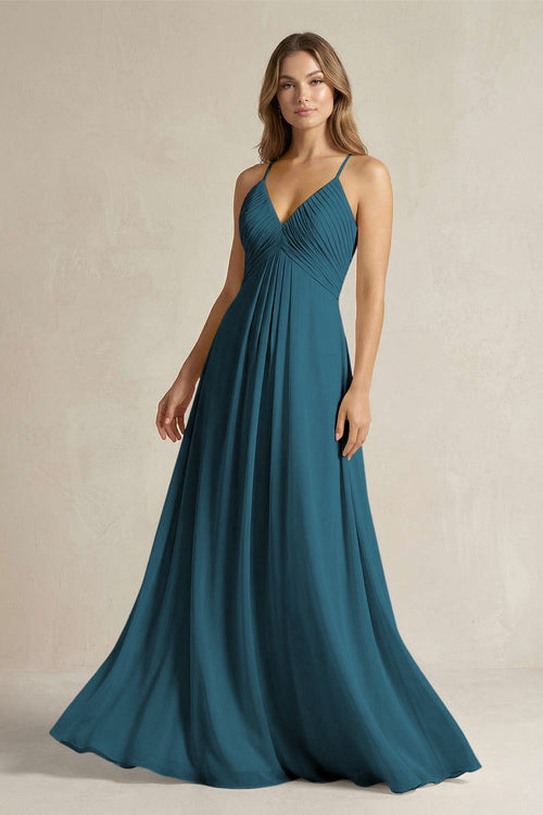 Cami Strap A - Line Chiffon Pleated Bridesmaid Dress in Dark Teal - KissProm Bridesmaid Dresses