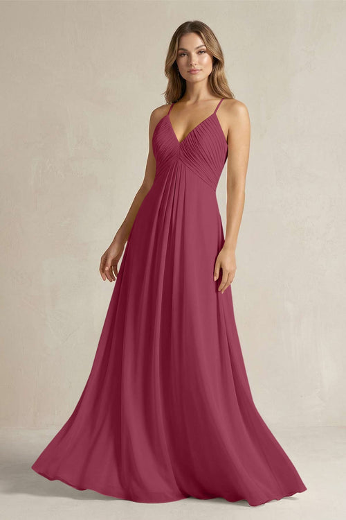Cami Strap A - Line Chiffon Pleated Bridesmaid Dress in Desert Rose - KissProm Bridesmaid Dresses