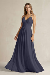 Cami Strap A - Line Chiffon Pleated Bridesmaid Dress in Dusk Blue - KissProm Bridesmaid Dresses