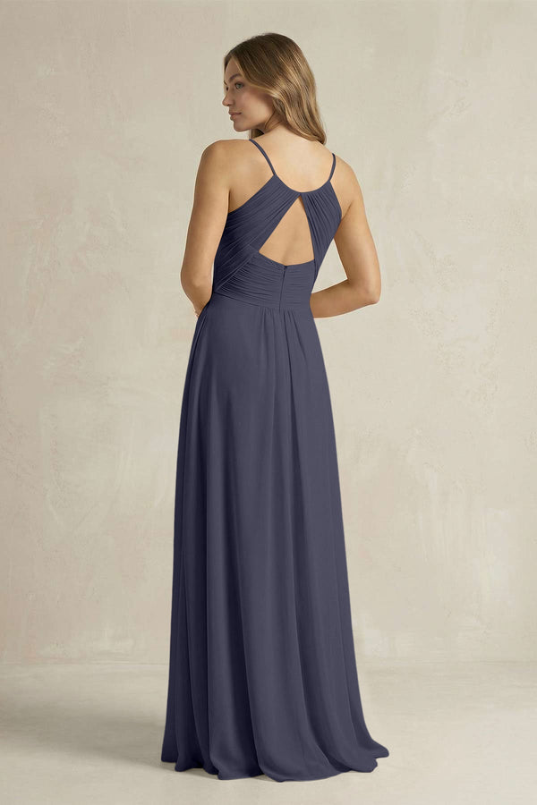 Cami Strap A - Line Chiffon Pleated Bridesmaid Dress in Dusk Blue - KissProm Bridesmaid Dresses