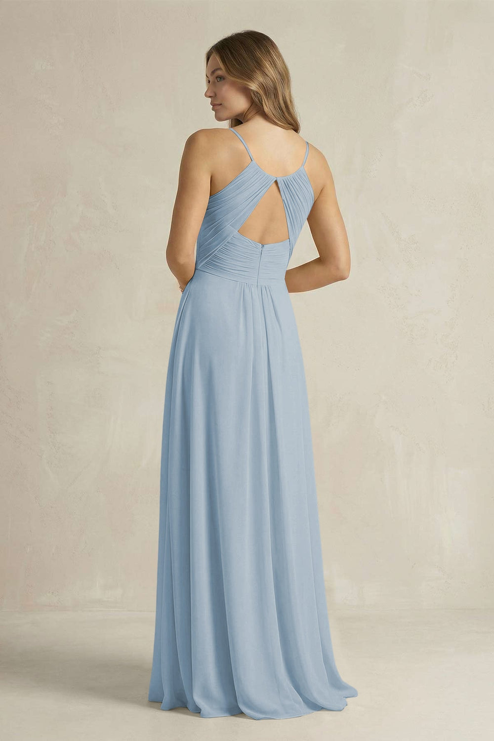 Cami Strap A - Line Chiffon Pleated Bridesmaid Dress in Dusty Blue - KissProm Bridesmaid Dresses