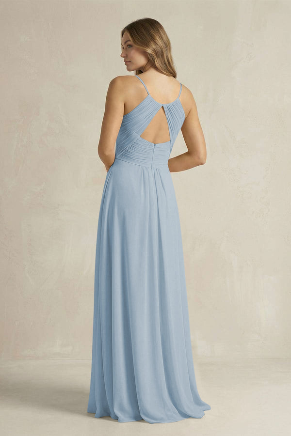 Cami Strap A - Line Chiffon Pleated Bridesmaid Dress in Dusty Blue - KissProm Bridesmaid Dresses