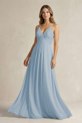Cami Strap A - Line Chiffon Pleated Bridesmaid Dress in Dusty Blue - KissProm Bridesmaid Dresses