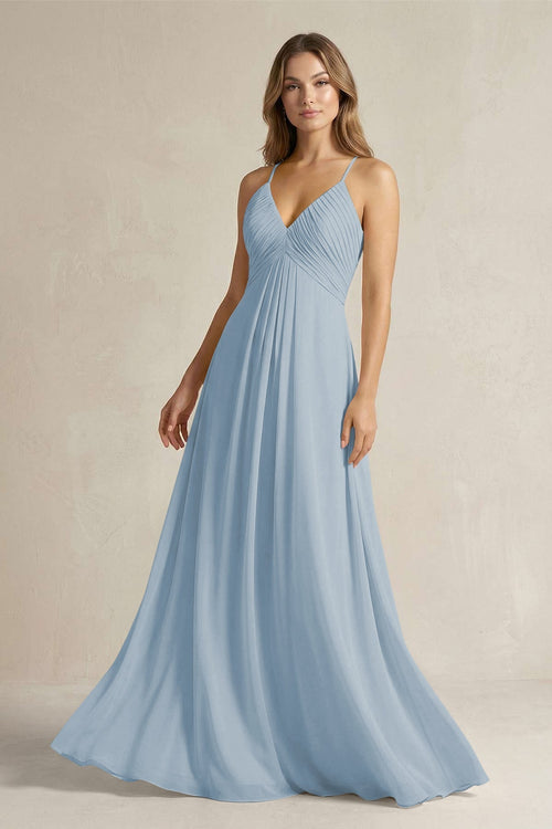 Cami Strap A - Line Chiffon Pleated Bridesmaid Dress in Dusty Blue - KissProm Bridesmaid Dresses
