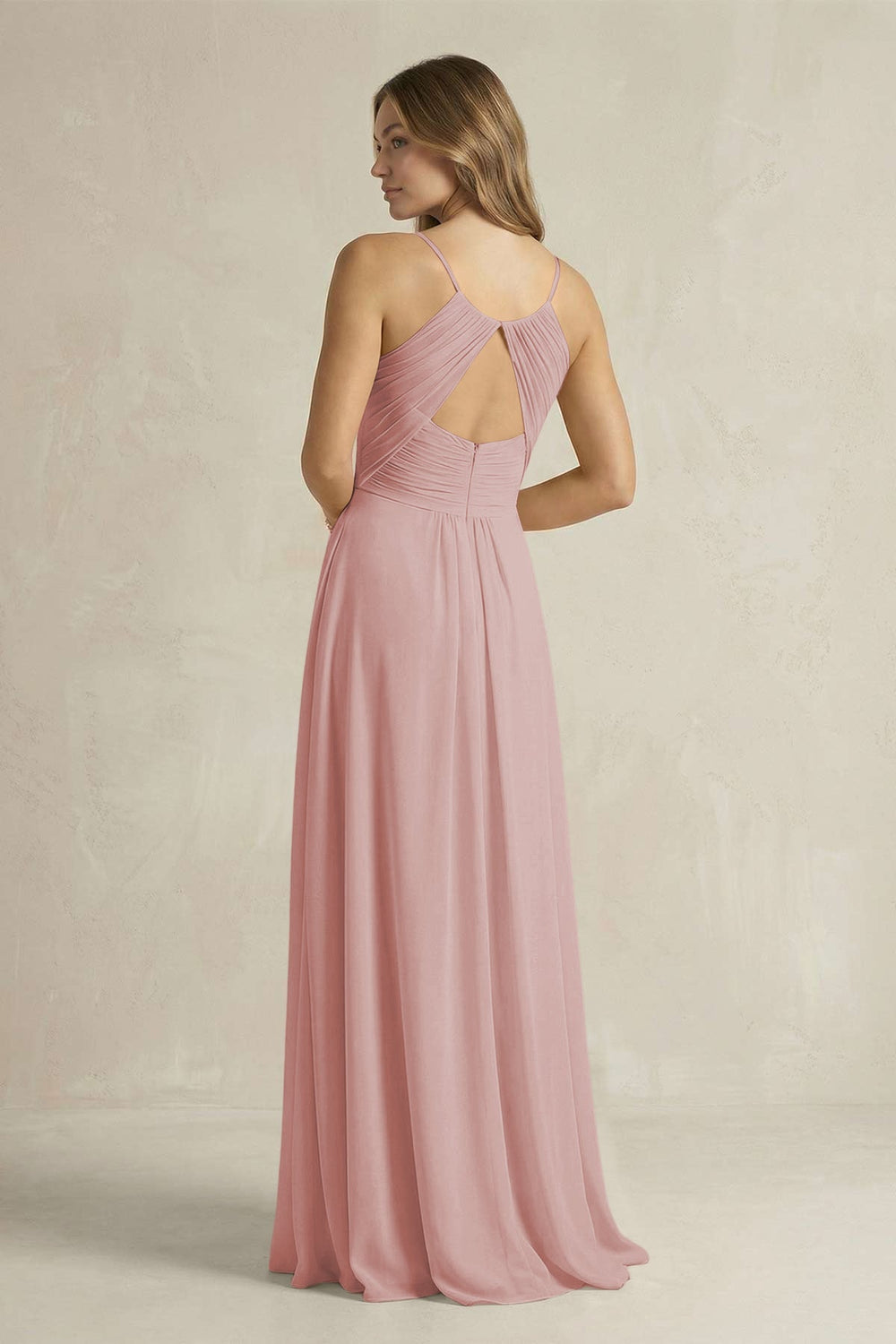 Cami Strap A - Line Chiffon Pleated Bridesmaid Dress in Dusty Rose - KissProm Bridesmaid Dresses