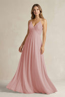 Cami Strap A - Line Chiffon Pleated Bridesmaid Dress in Dusty Rose - KissProm Bridesmaid Dresses