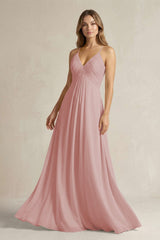 Cami Strap A - Line Chiffon Pleated Bridesmaid Dress in Dusty Rose - KissProm Bridesmaid Dresses