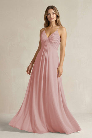 Cami Strap A - Line Chiffon Pleated Bridesmaid Dress in Dusty Rose - KissProm Bridesmaid Dresses