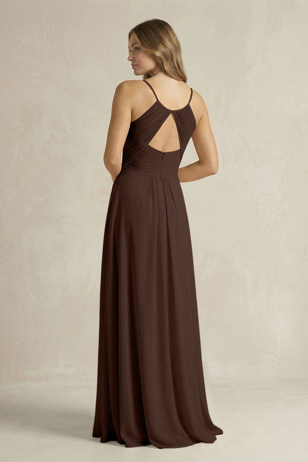 Cami Strap A - Line Chiffon Pleated Bridesmaid Dress in Espresso - KissProm Bridesmaid Dresses