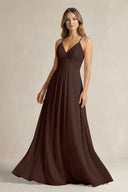 Cami Strap A - Line Chiffon Pleated Bridesmaid Dress in Espresso - KissProm Bridesmaid Dresses