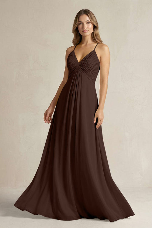 Cami Strap A - Line Chiffon Pleated Bridesmaid Dress in Espresso - KissProm Bridesmaid Dresses