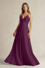 Cami Strap A - Line Chiffon Pleated Bridesmaid Dress in Fig - KissProm Bridesmaid Dresses