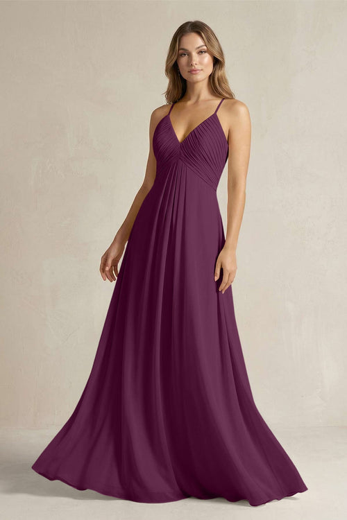 Cami Strap A - Line Chiffon Pleated Bridesmaid Dress in Fig - KissProm Bridesmaid Dresses