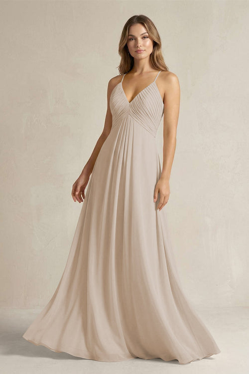 Cami Strap A - Line Chiffon Pleated Bridesmaid Dress in Frost - KissProm Bridesmaid Dresses
