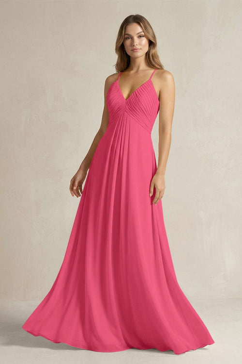 Cami Strap A - Line Chiffon Pleated Bridesmaid Dress in Fuchsia - KissProm Bridesmaid Dresses