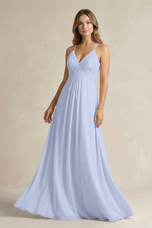 Cami Strap A - Line Chiffon Pleated Bridesmaid Dress in Ice - KissProm Bridesmaid Dresses