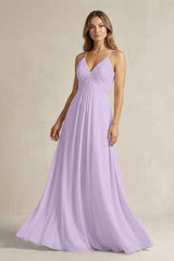 Cami Strap A - Line Chiffon Pleated Bridesmaid Dress in Lavender - KissProm Bridesmaid Dresses